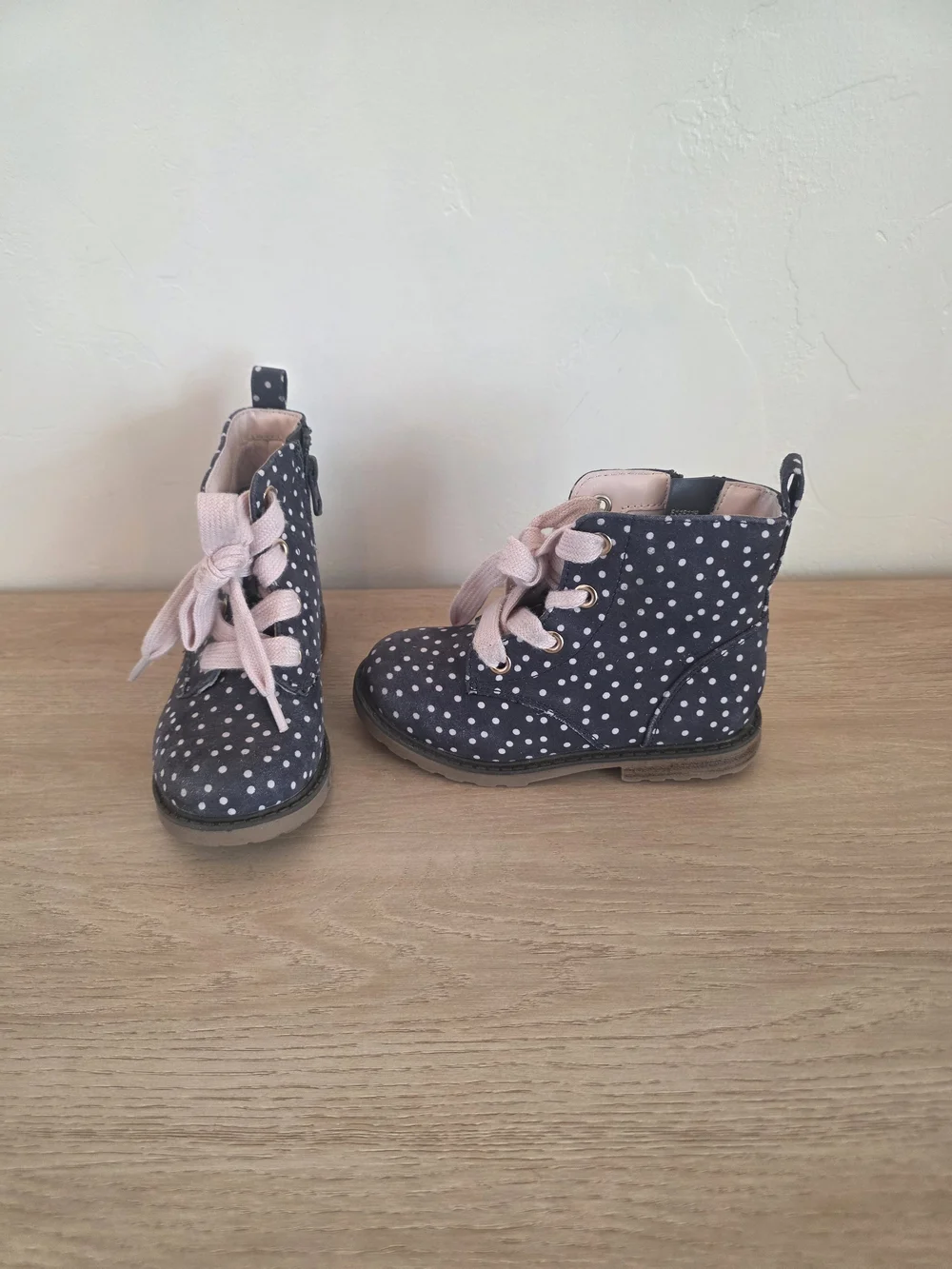 Cat & Jack Navy Polka Dot Ankle Boots with Pink Laces
